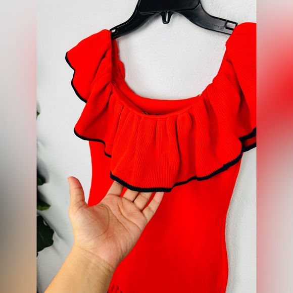 Revolve Rebecca Vallance Orange Ruffle Off Shoulder Ribbed Knit Mini Dress 4 - Picture 7 of 9